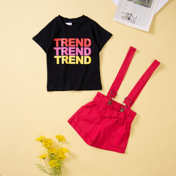 Liuliukd|Letter T-shirt+Suspender Shorts Clothes For Girls-Black-Kids