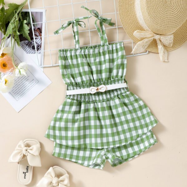 Liuliukd|Plaid Girls Jumpsuits-Green-Kids