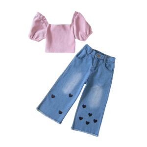 Liuliukd|Puff Sleeve Tops Love Denim Pants Girls Clothing-Kids