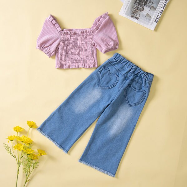 Liuliukd|Puff Sleeve Tops Love Denim Pants Girls Clothing-Purple-Kids