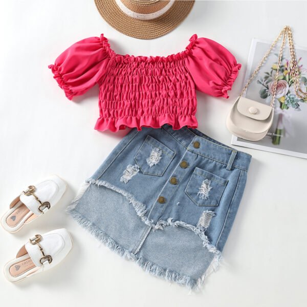 Liuliukd|Puff Sleeve Tops+Irregular Hem Denim Skirt Kids Clothes-Rose Red-Kids