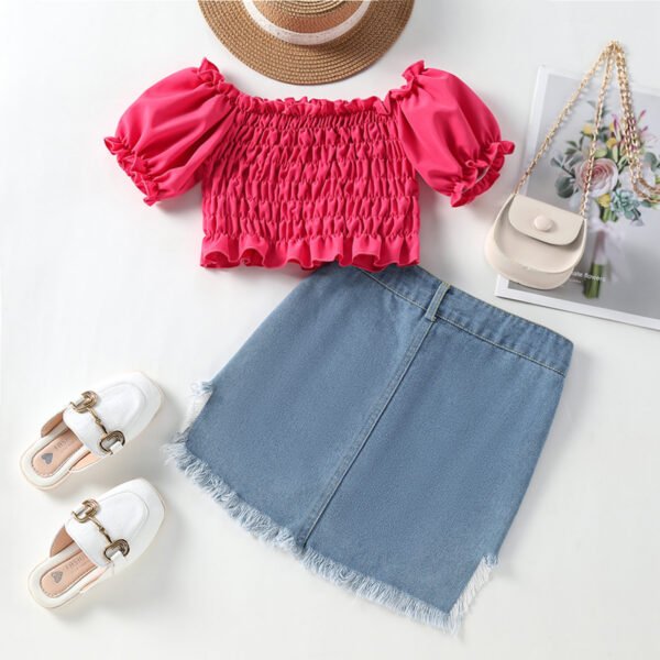 Liuliukd|Puff Sleeve Tops+Irregular Hem Denim Skirt Kids Clothes-Rose Red-Kids