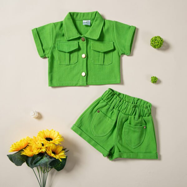 Liuliukd|Solid Color Single Breasted Shirts+Shorts Kids Summer Clothing-Green-Kids