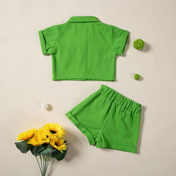 Liuliukd|Solid Color Single Breasted Shirts+Shorts Kids Summer Clothing-Green-Kids