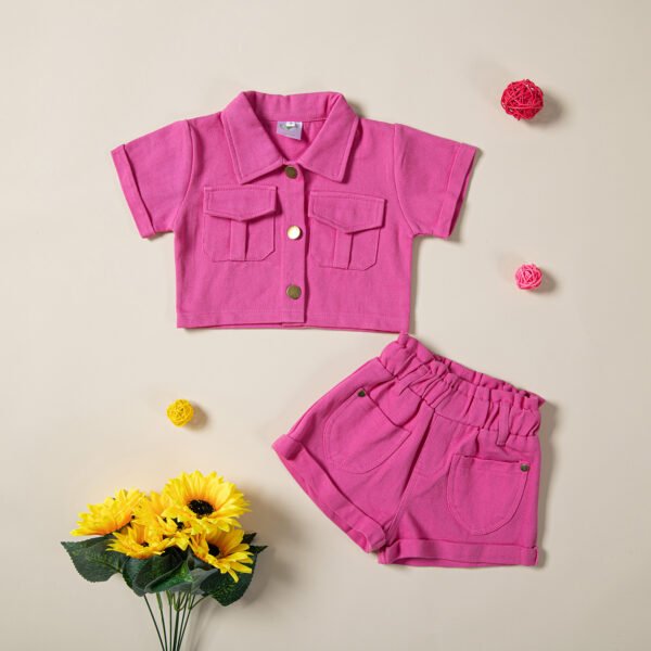 Liuliukd|Solid Color Single Breasted Shirts+Shorts Kids Summer Clothing-Pink-Kids