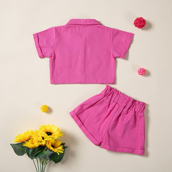 Liuliukd|Solid Color Single Breasted Shirts+Shorts Kids Summer Clothing-Pink-Kids