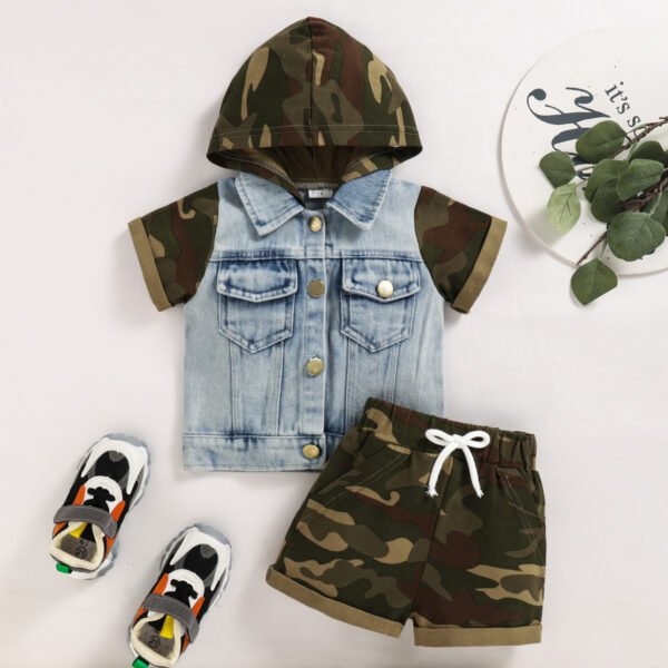 Liuliukd|Camouflage Denim Patchwork Hoodies Shorts Boys Clothing Sets-Blue-Baby