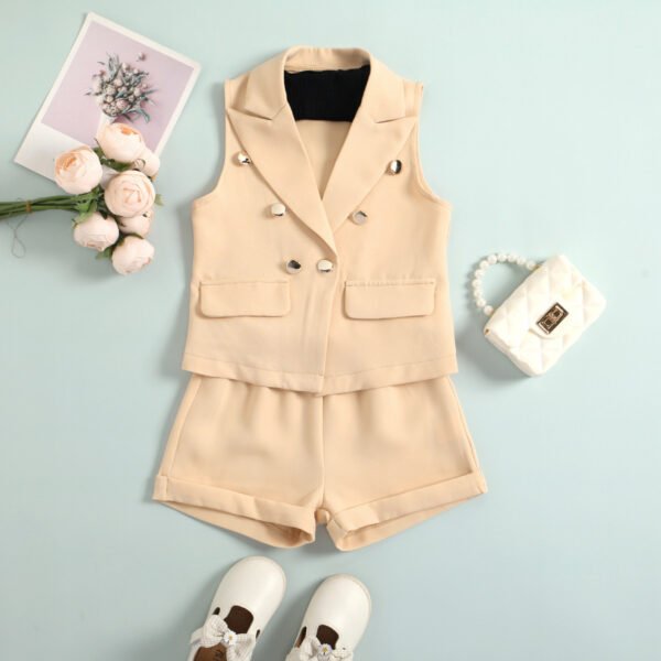 Liuliukd|Coat Shorts Crop Bandeau Tops 3PCS Kids Summer Sets-Beige-Kids