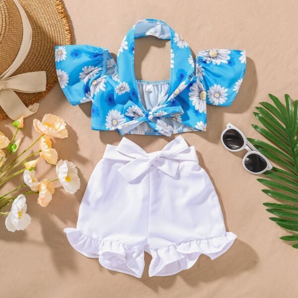 Liuliukd|Floral Halter Top+Shorts Baby Girl Clothing-Blue-Kids