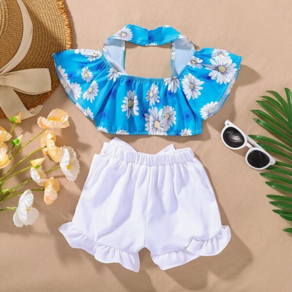 Liuliukd|Floral Halter Top+Shorts Baby Girl Clothing-Blue-Kids