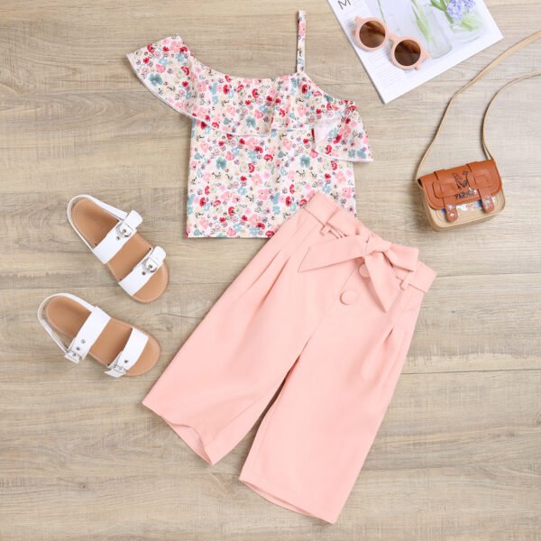 Liuliukd|Floral One Shoulder Kids Sets-Pink-Kids