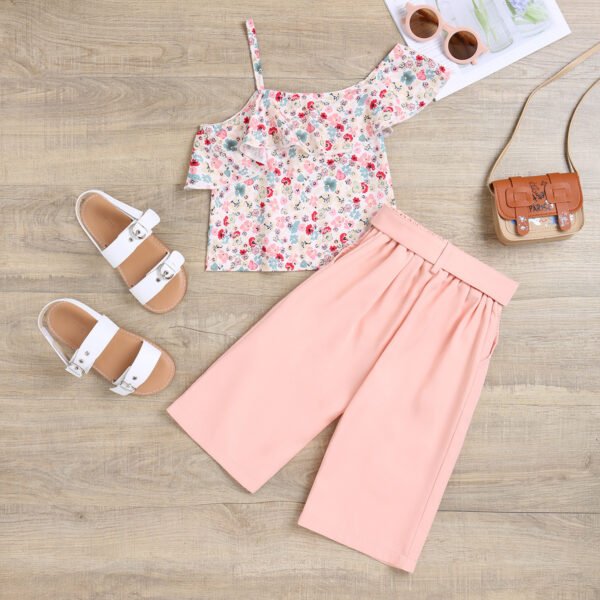 Liuliukd|Floral One Shoulder Kids Sets-Pink-Kids