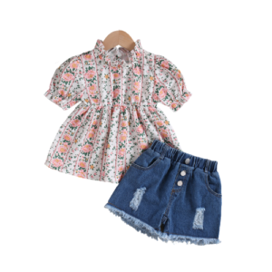 Liuliukd|Floral Top Denim Shorts Kids Girls Clothing-Kids