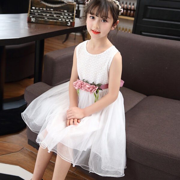 Liuliukd|Flower Mesh Kids Girls Dress-White-Teenager