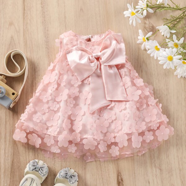 Liuliukd|Flower Mesh Layered Bowknot Dresses For Girls-Pink-Kids