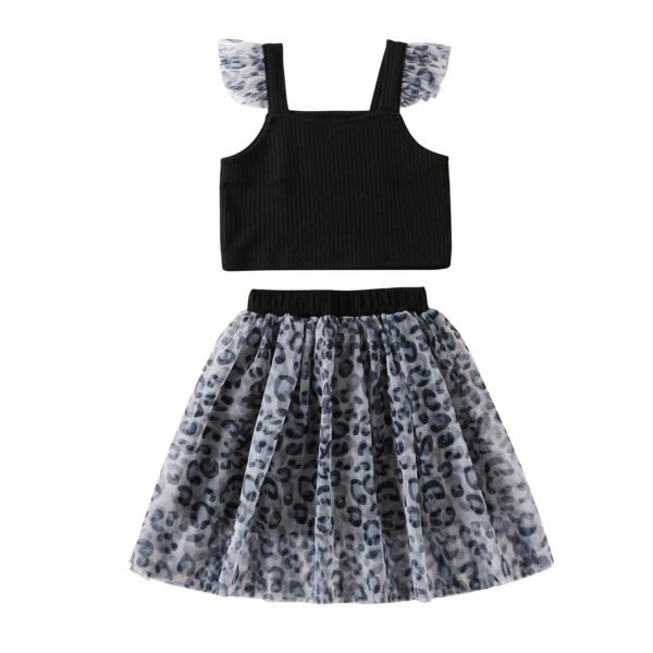 Liuliukd|Fly Sleeve Top Leopard Mesh Skirt Children Clothes Set-Kids