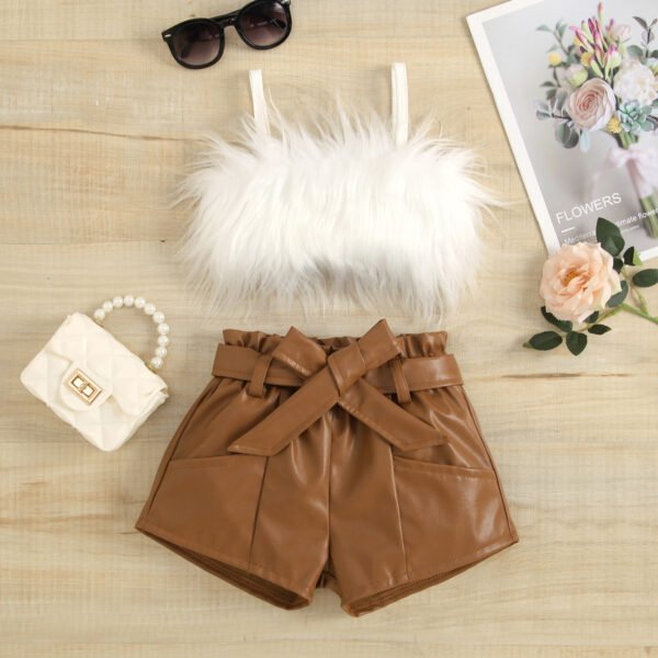Liuliukd|Fur Vest+Leather Shorts Children Clothing Set-White-Kids