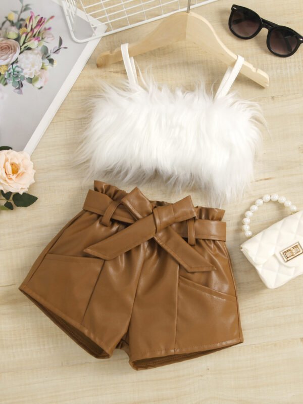 Liuliukd|Fur Vest+Leather Shorts Children Clothing Set-White-Kids
