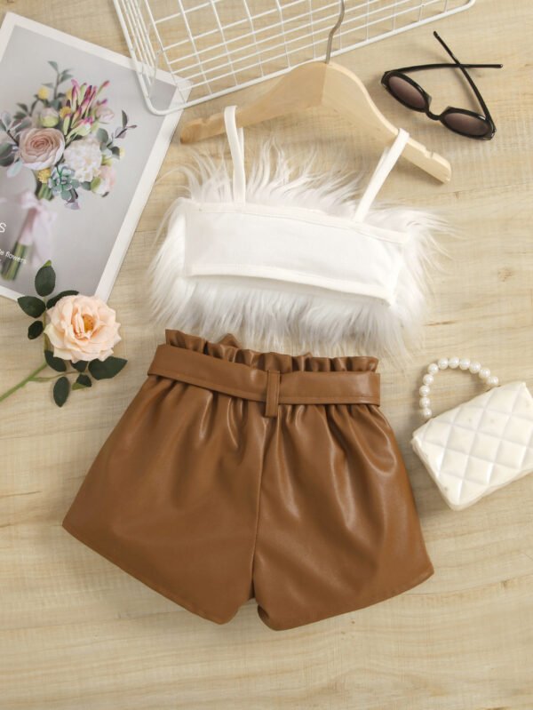 Liuliukd|Fur Vest+Leather Shorts Children Clothing Set-White-Kids