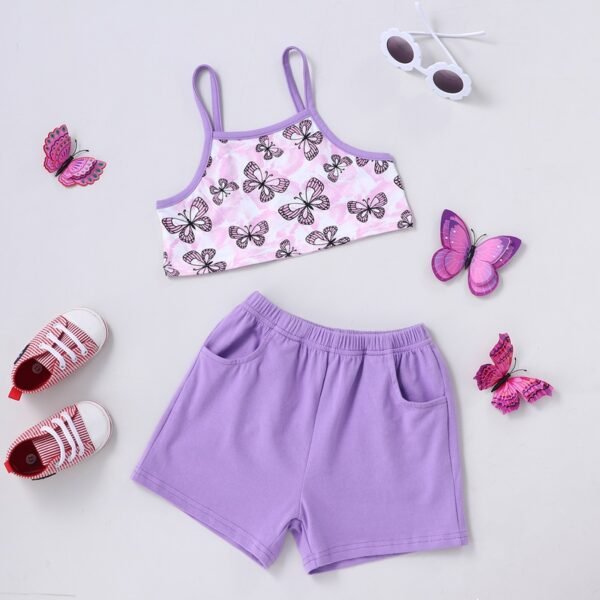 Liuliukd|Girls Outfits Butterfly Vest+Purple Shorts-Purple-Kids