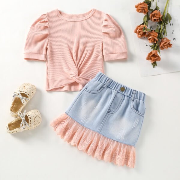 Liuliukd|Knit Top+Lace Denim Skirt Children Clothes Wholesale-Pink-Kids