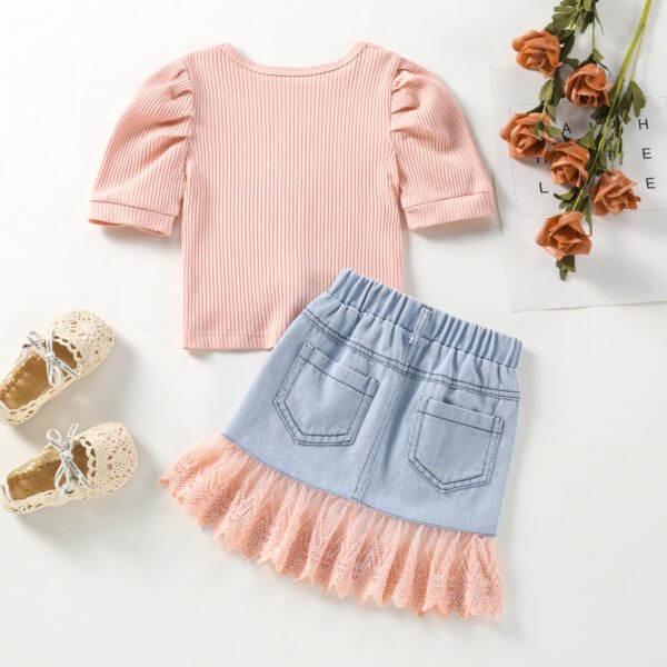 Liuliukd|Knit Top+Lace Denim Skirt Children Clothes Wholesale-Pink-Kids