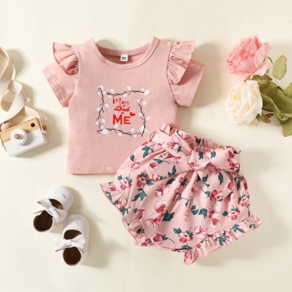 Liuliukd|Letter Pullover Floral Shorts Baby Girl Sets-Pink-Baby