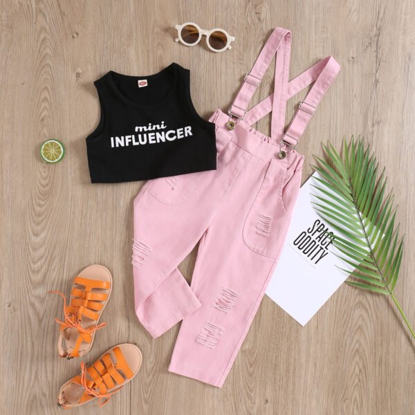 Liuliukd|Letter Vest Denim Overalls Kids Summer Sets-Black-Kids