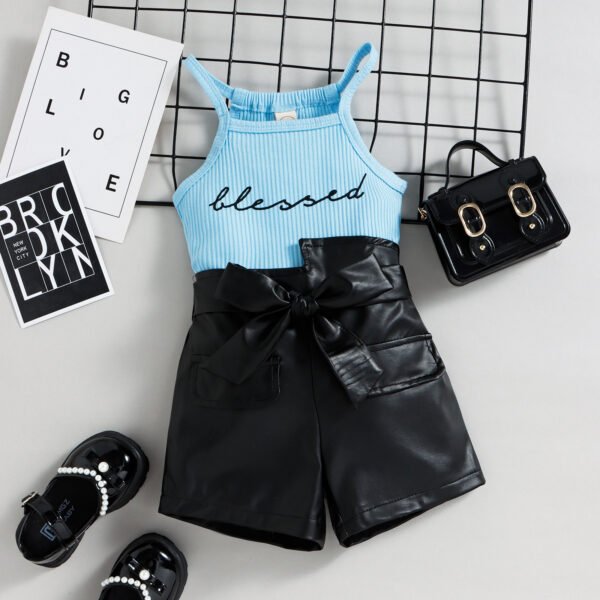 Liuliukd|Letter Vest+Leather Shorts Girls Clothes-Blue-Kids