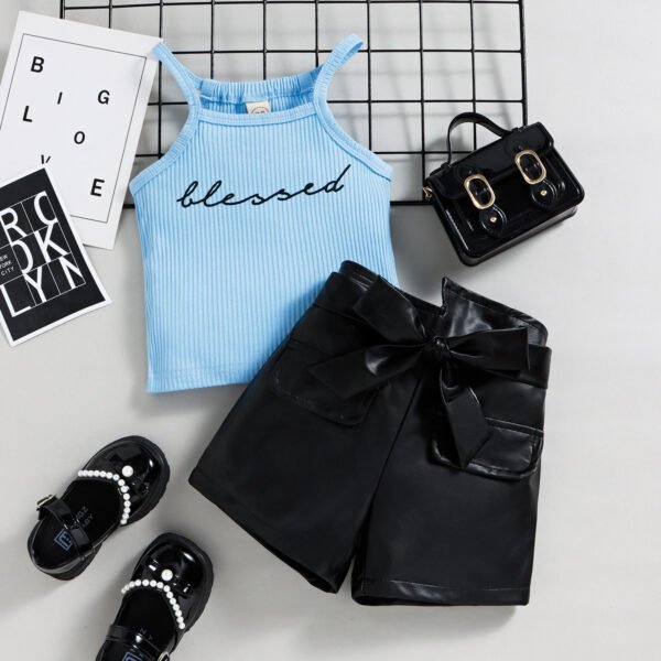 Liuliukd|Letter Vest+Leather Shorts Girls Clothes-Blue-Kids