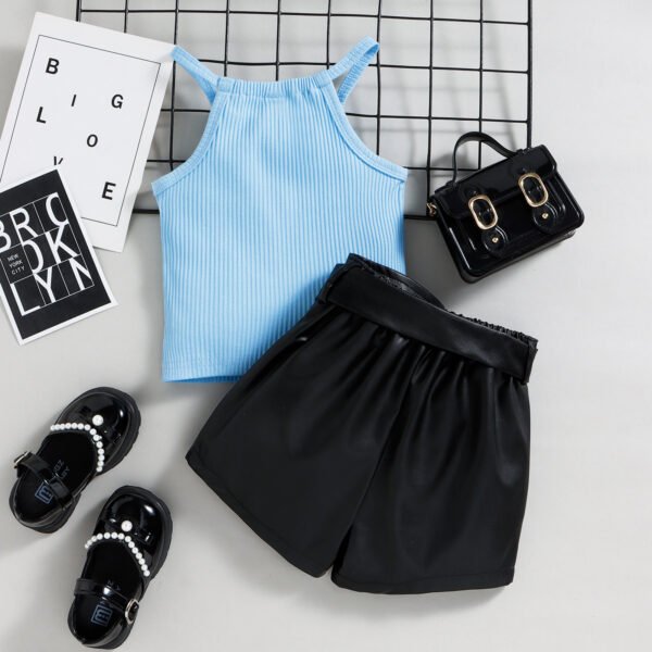 Liuliukd|Letter Vest+Leather Shorts Girls Clothes-Blue-Kids