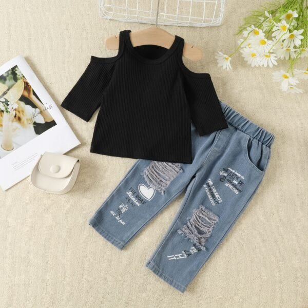 Liuliukd|Off Shoulder Knitted Top Denim Trousers Kids Sets-Black-Kids