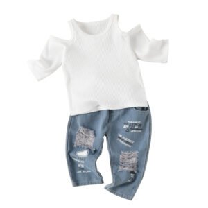 Liuliukd|Off Shoulder Knitted Top Denim Trousers Kids Sets-Kids