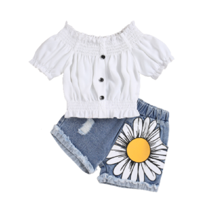 Liuliukd|Off Shoulder Top Floral Denim Shorts Toddler Girls Clothing-Kids