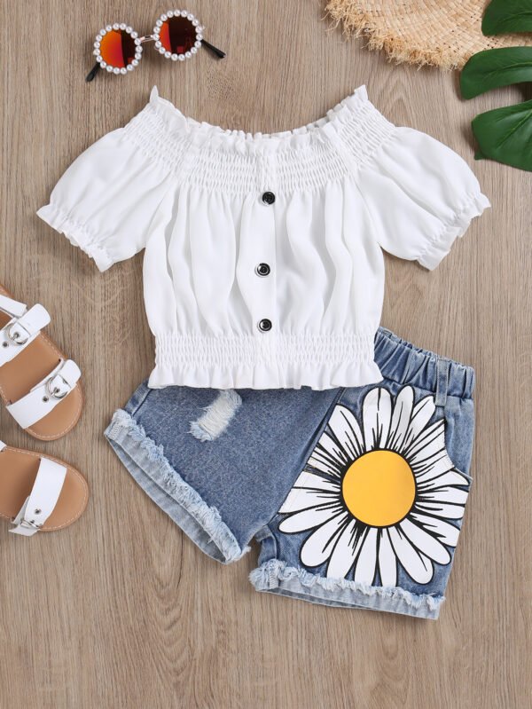 Liuliukd|Off Shoulder Top Floral Denim Shorts Toddler Girls Clothing-White-Kids