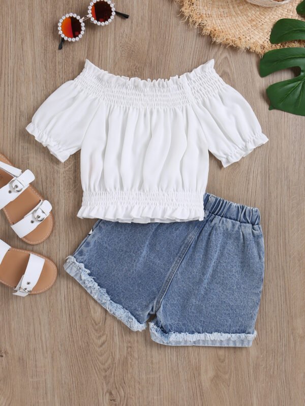 Liuliukd|Off Shoulder Top Floral Denim Shorts Toddler Girls Clothing-White-Kids