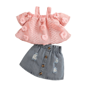 Liuliukd|Off Shoulder Top+Denim Skirt Baby Wear Set-Baby