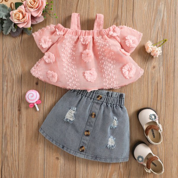 Liuliukd|Off Shoulder Top+Denim Skirt Baby Wear Set-Pink-Baby