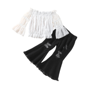 Liuliukd|Off Shoulder Top+Flare Denim Trousers Children Clothes Set-Kids