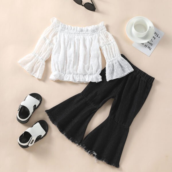 Liuliukd|Off Shoulder Top+Flare Denim Trousers Children Clothes Set-White-Kids