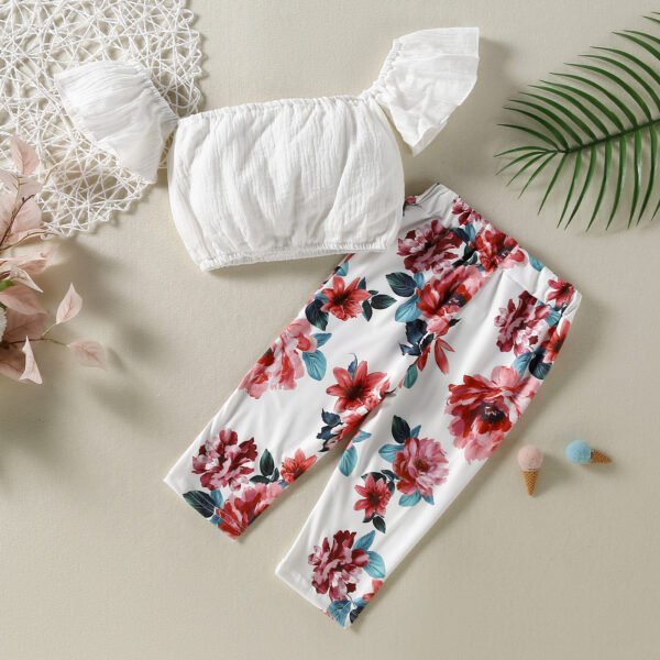 Liuliukd|Off Shoulder Top+Floral Pant Children Outfit-White-Kids