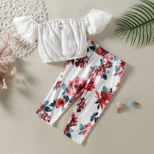 Liuliukd|Off Shoulder Top+Floral Pant Children Outfit-White-Kids