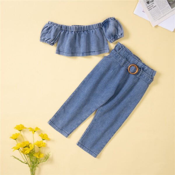 Liuliukd|Off Shoulder Top+Trousers Girls Denim Set-Blue-Kids