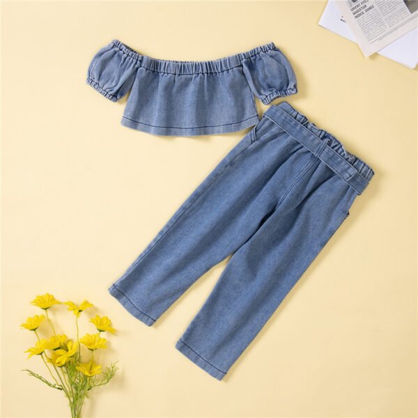 Liuliukd|Off Shoulder Top+Trousers Girls Denim Set-Blue-Kids