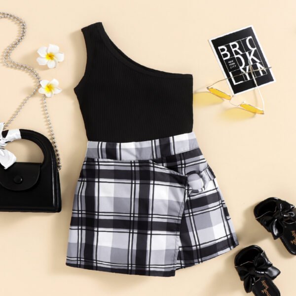 Liuliukd|One Shoulder Vest+Plaid Skirt Kids Clothing Sets-Black-Kids