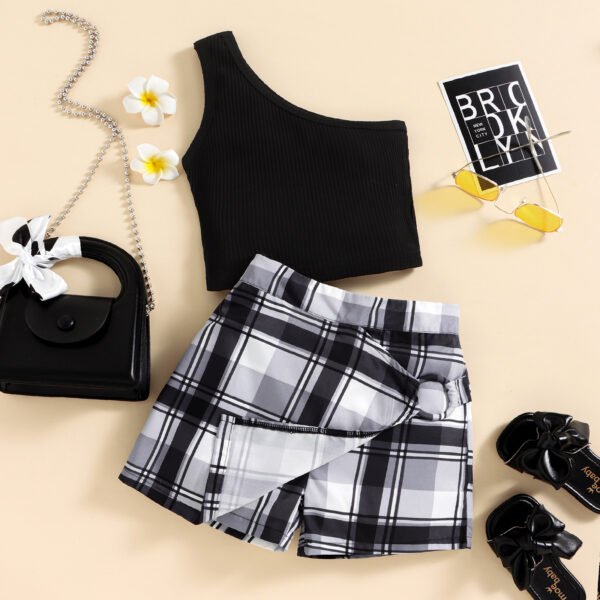 Liuliukd|One Shoulder Vest+Plaid Skirt Kids Clothing Sets-Black-Kids