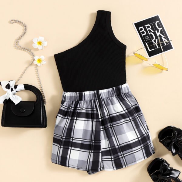 Liuliukd|One Shoulder Vest+Plaid Skirt Kids Clothing Sets-Black-Kids