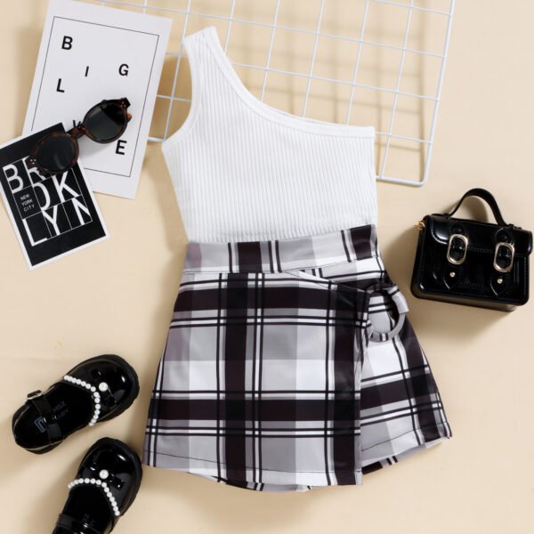 Liuliukd|One Shoulder Vest+Plaid Skirt Kids Clothing Sets-White-Kids