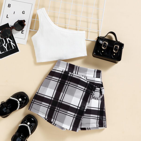 Liuliukd|One Shoulder Vest+Plaid Skirt Kids Clothing Sets-White-Kids