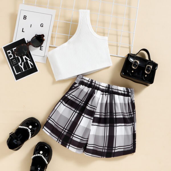 Liuliukd|One Shoulder Vest+Plaid Skirt Kids Clothing Sets-White-Kids